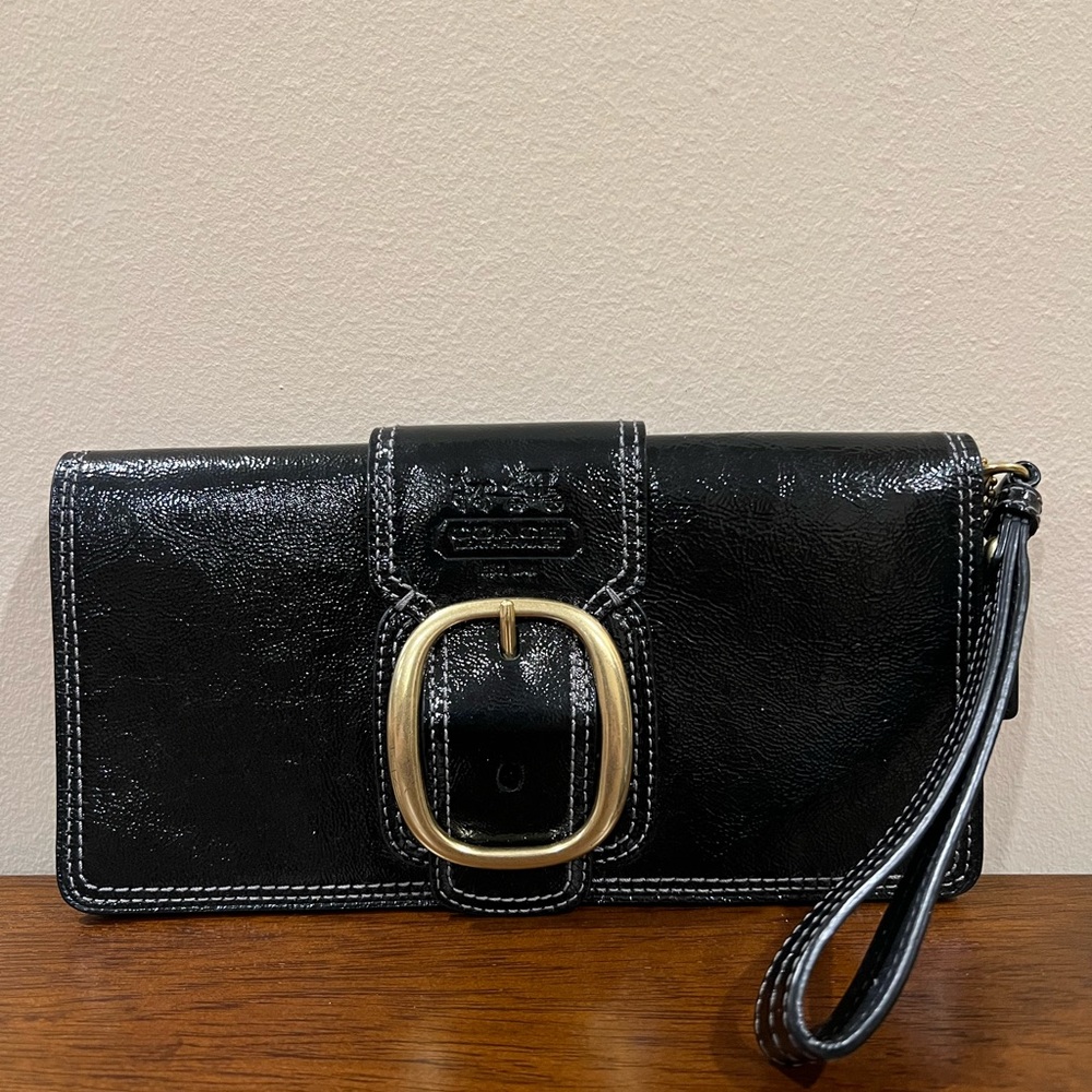 Coach Black Patent Leather Wristlet Clutch with Gold Buckle
